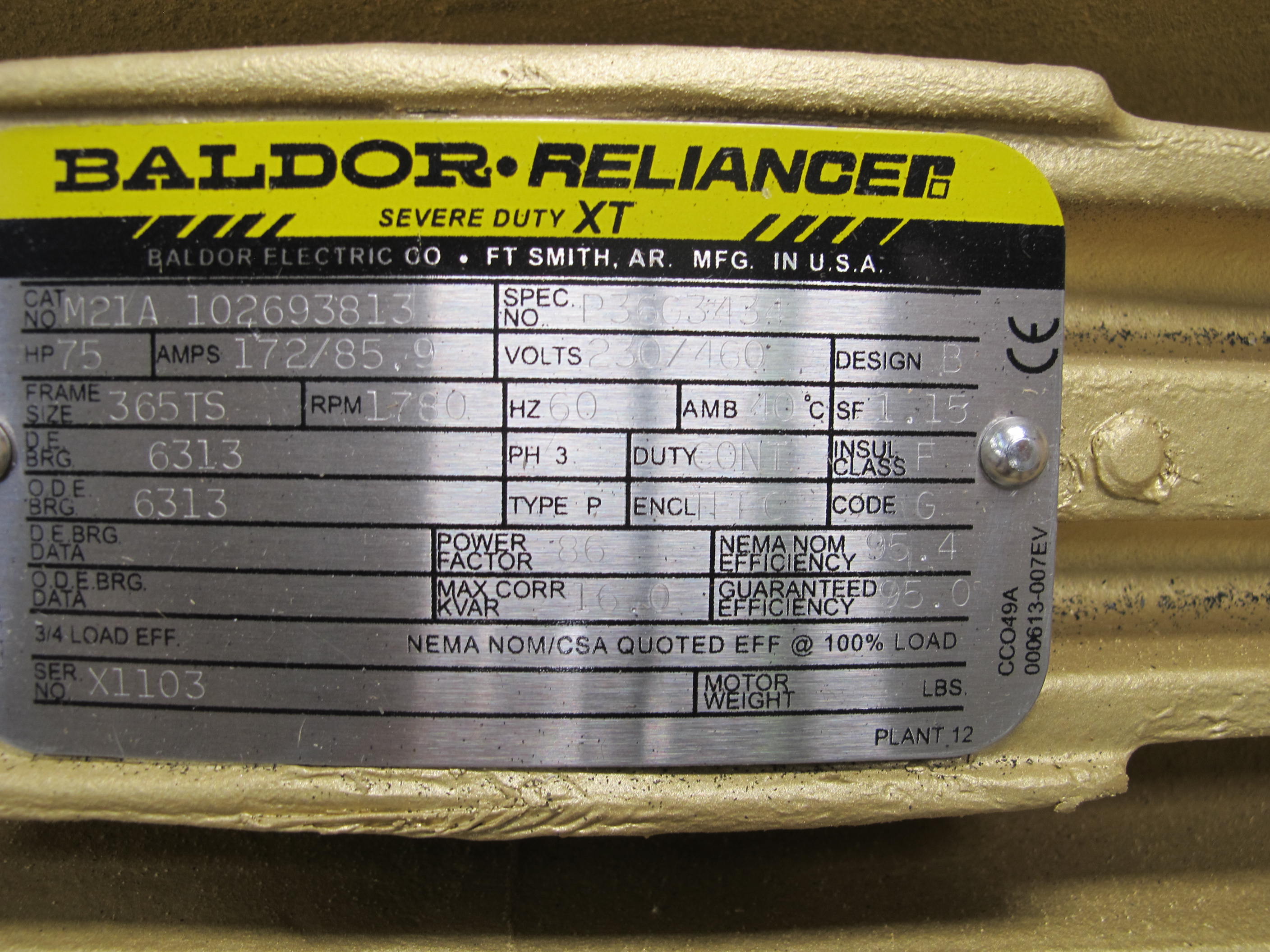MOTOR, ELECTRIC TYPE, 75 HORSEPOWER, 460 ELEC RATING, 1775 RPM, 365TS FRAME, 86 AMPS, TEFC ENCLOSURE, CONT DUTY, 1.15 SERVICE FACTOR. WITH M21A-MOD, 120W, 120V SPACE-HEATER ADDER (W-44) LOADING & HANDLING FEE $15-